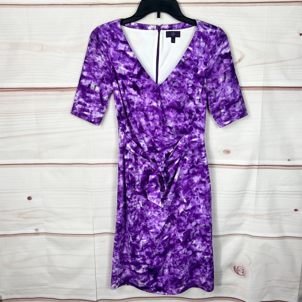 NYDJ Dress‎ Womens 0 Purple Print Shift V-Neck Short Sleeve Tie Waist Lined